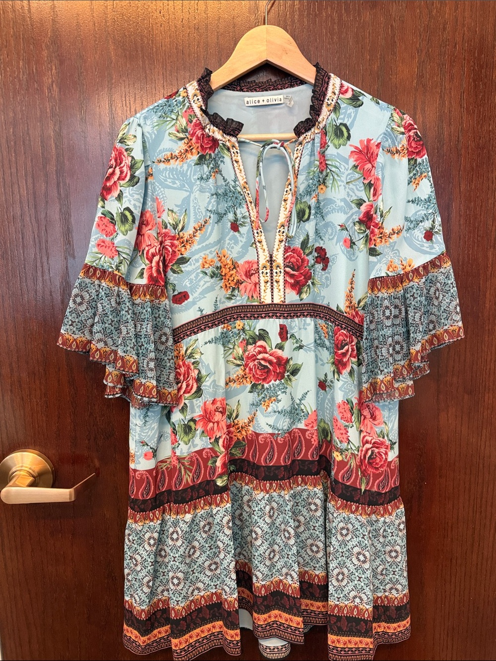 Alice + Olivia Light Blue Floral Boho Tunic with Red Accents